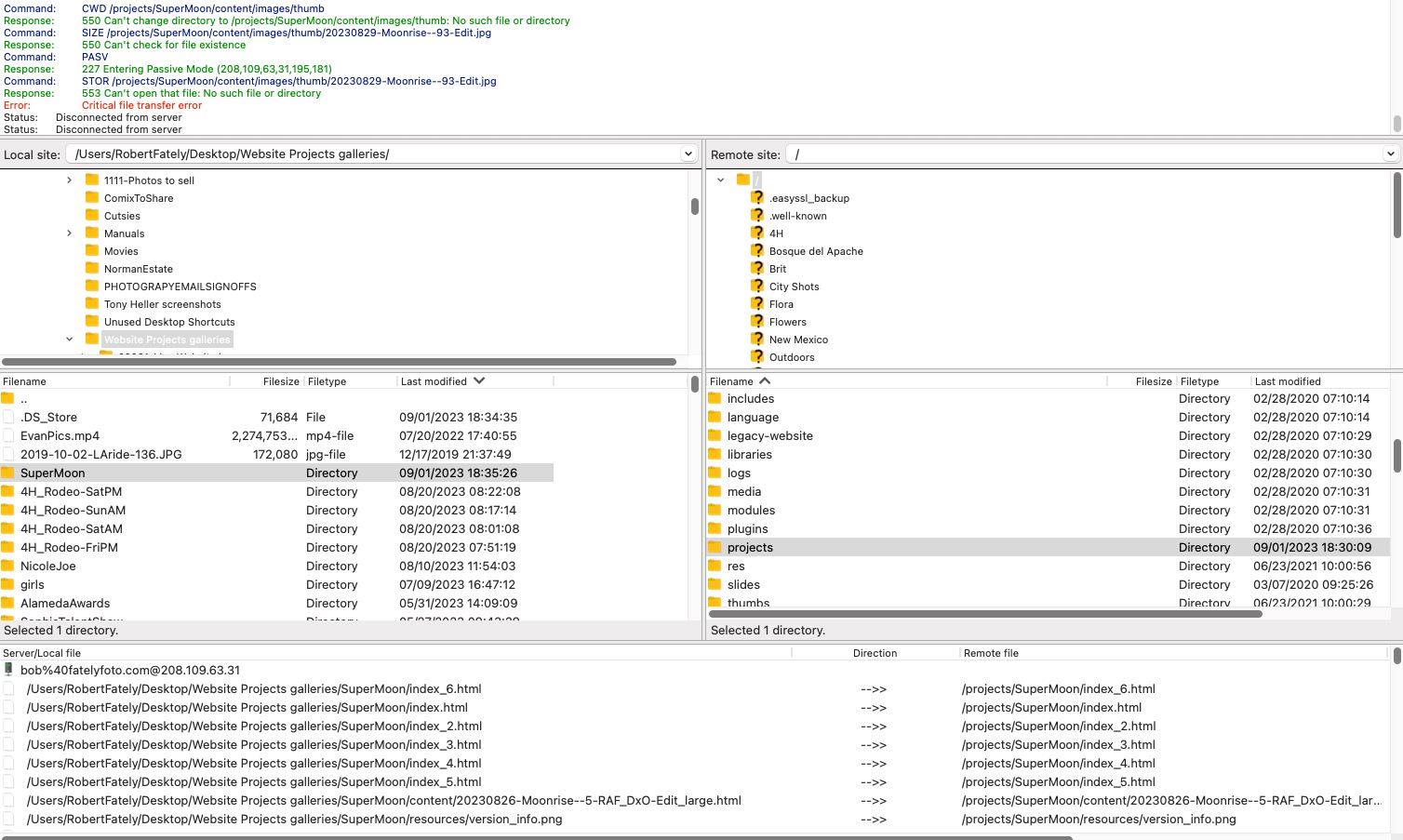 screenshot of FIleZilla window showing directories etc.