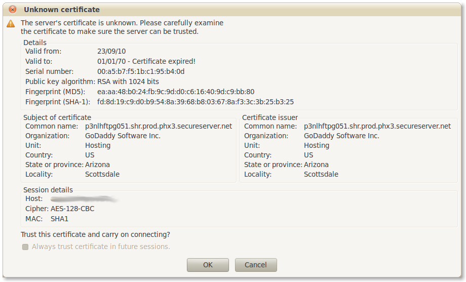 The certificate error message with the disabled checkbox.